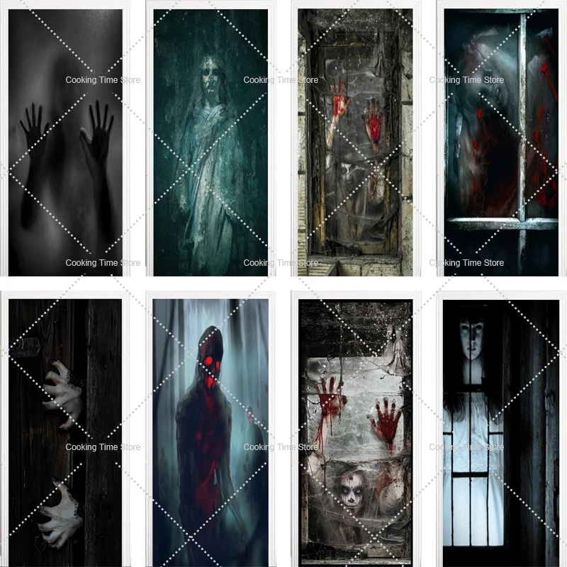 

Evil Halloween Door Stickers 3D Self-adhesive Wall Vinyl Waterproof Decals Horror Door Wallpaper for Living Room Festivals Decor