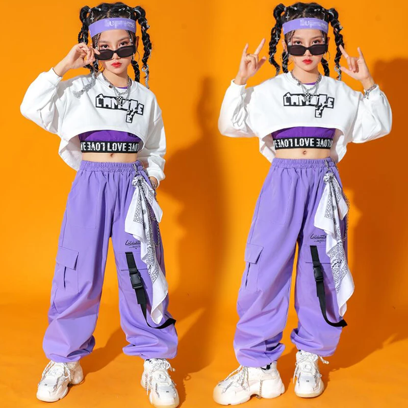 Dziecięce ubranie dla nastolatków Kpop dla dziewczynek bluza Crop Top z długim rękawem Tank Cargo spodnie dziecko taniec kostium hip-hopowy
