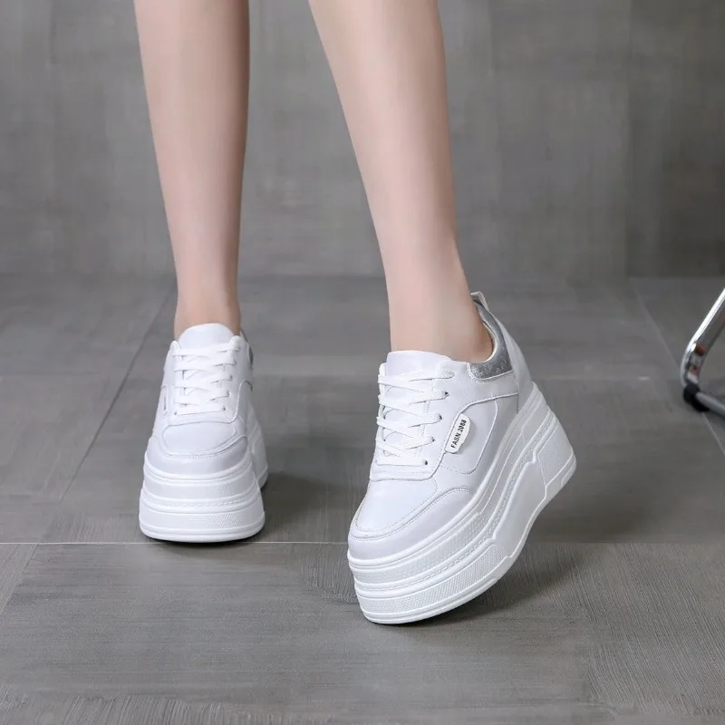 New 12CM Women's Autumn Thick Bottom Shoes Breathable Microfiber Leather Vulcanize Flat Platform Sneakers White Walking Shoes