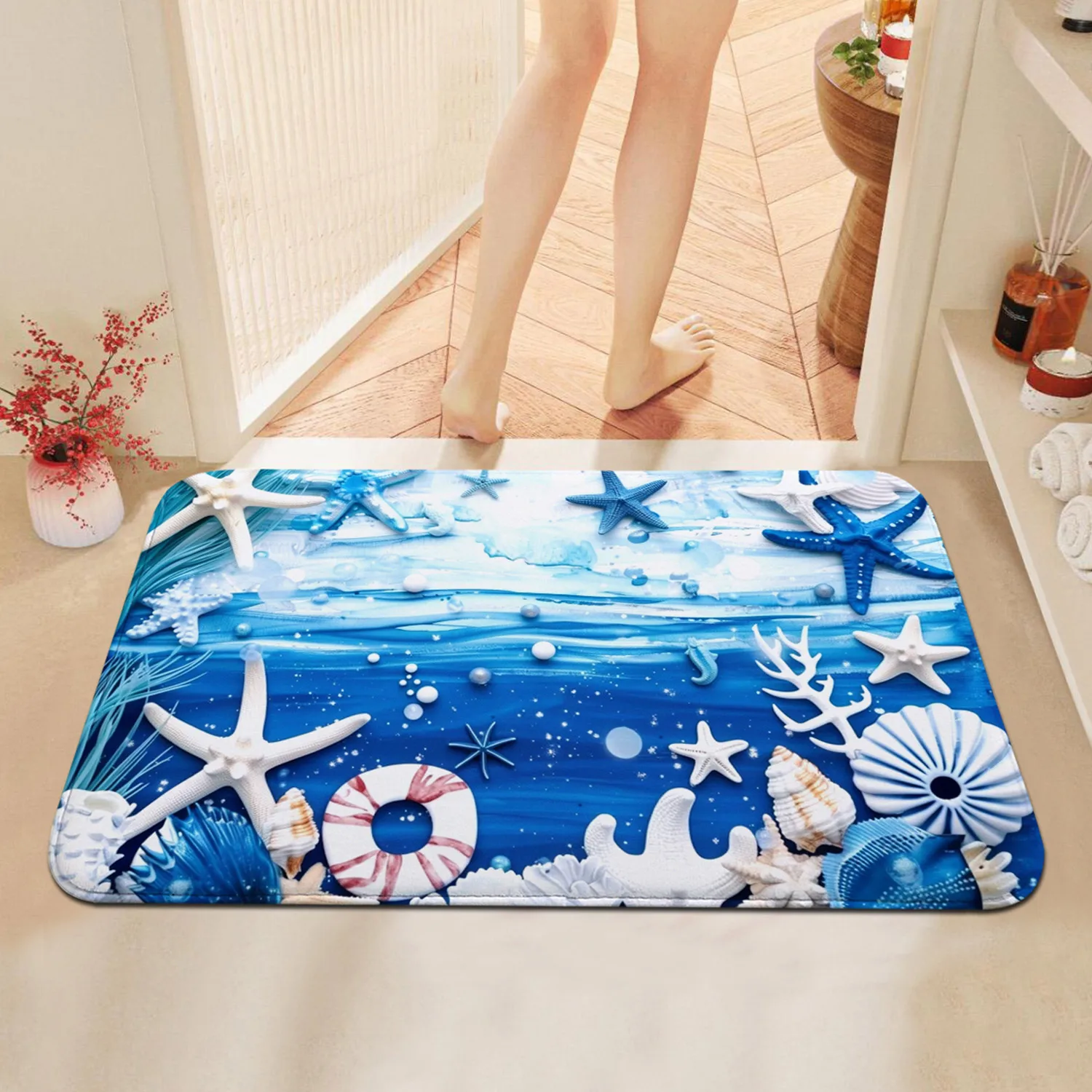 قطعة واحدة من قشرة شاطئ المحيط وطباعة نجم البحر سجادة مضادة للانزلاق سريعة الجفاف من البوليستر لسجادة المدخل الداخلي/الخارجي،