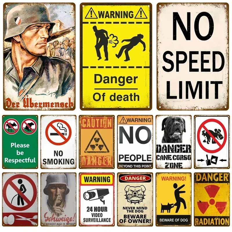 HD Tin Sign Vintage Warning Sign Retro Metal Poster Mixed Danger Zone No Speed Limit Wall Art Decor for Home Garage Bar Decorati