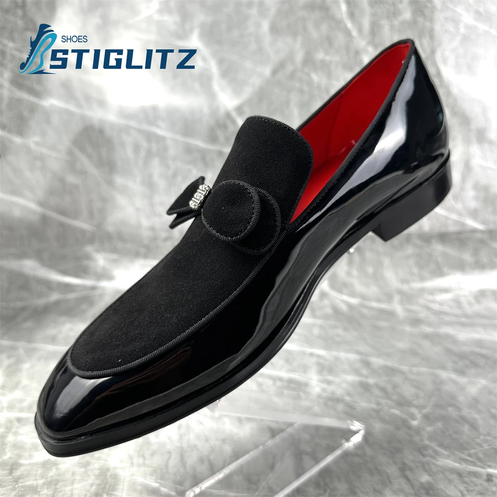 British Style Patent Leather Men\'s Shoes Bowknot Black Shallow Loafers High Quality Flat Square Toe Wedding Office Formal Shoes