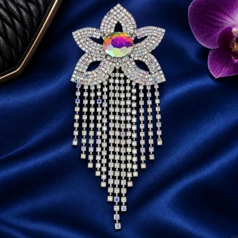 Rhinestones-Look Shoulder Brooch with Cascading Strands and Pin-Back Fastening for Dresses, Blazers, Coats, and Wraps 24BB