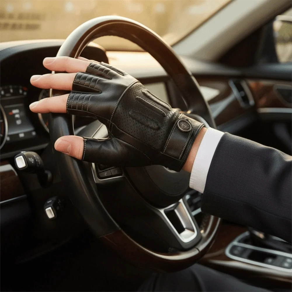 

Genuine Sheepskin Leather Men's Vintage Gloves Soft Material Classic Retro Style Half Finger Gloves Breathable Material