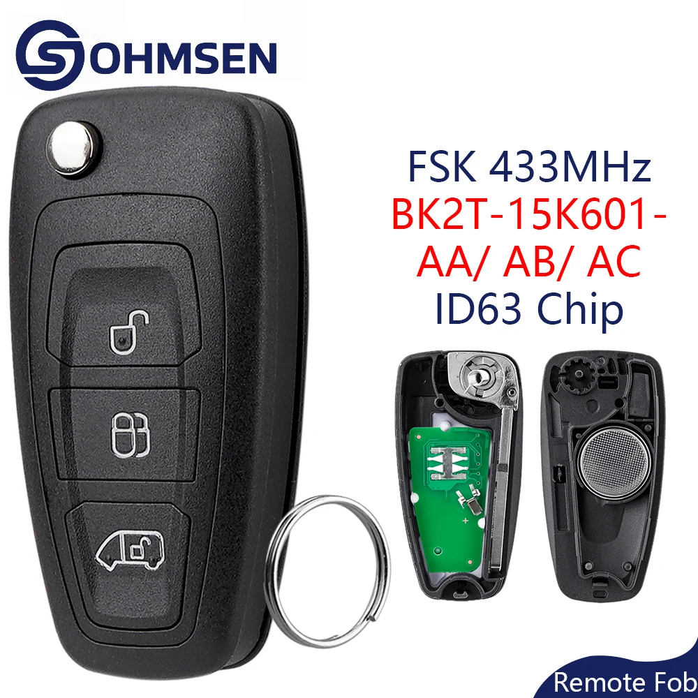 

OHMSEN for Ford Transit Custom Remote Flip Key fob 433MHz ID63 Chip 3 Button + Circuit board BK2T-15K601-AA/ AB/ AC