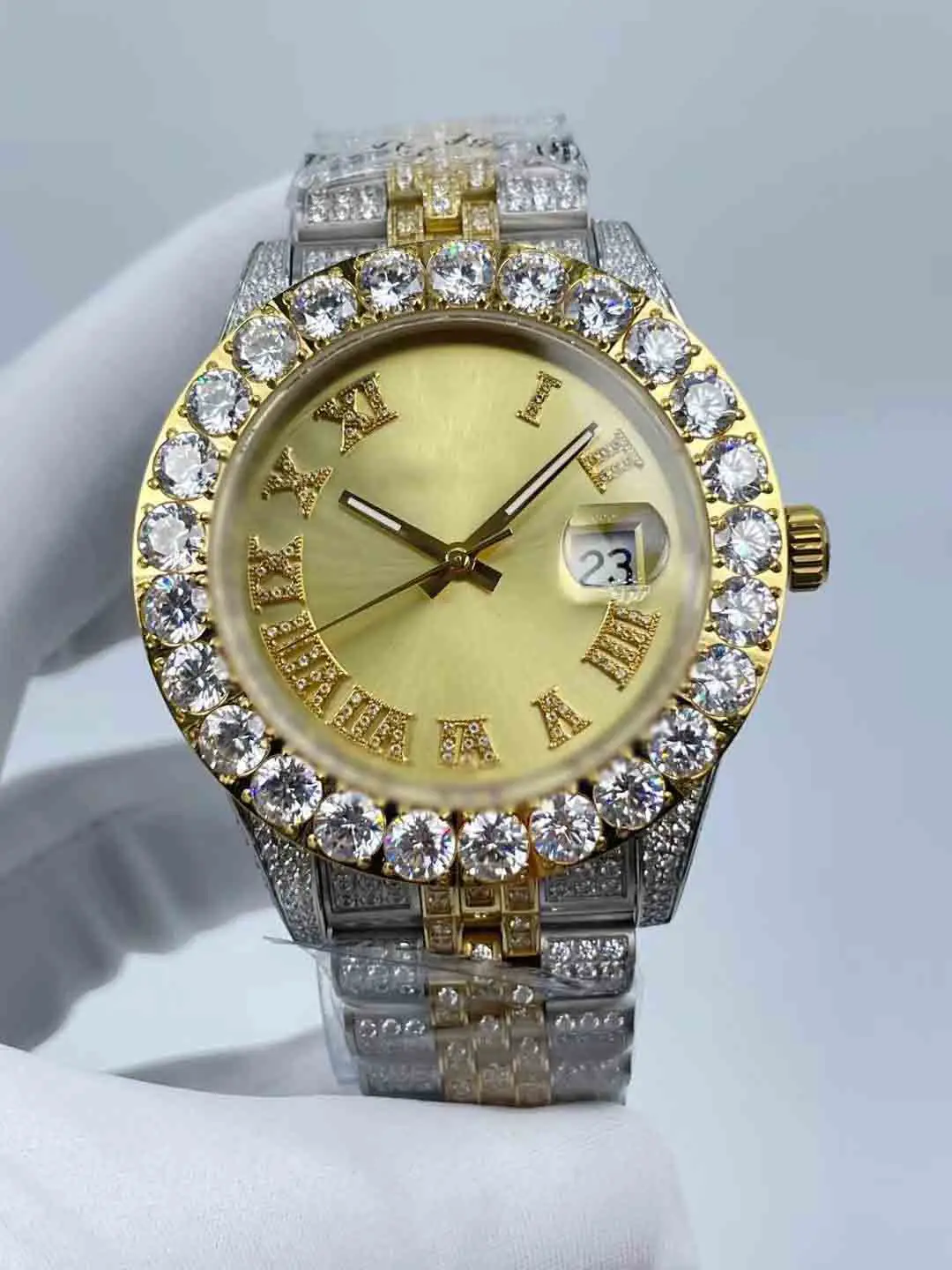 Men's Diamond Watch - Full Diamond Roman Face, Waterproof Calendar Window, Precision Steel Strap