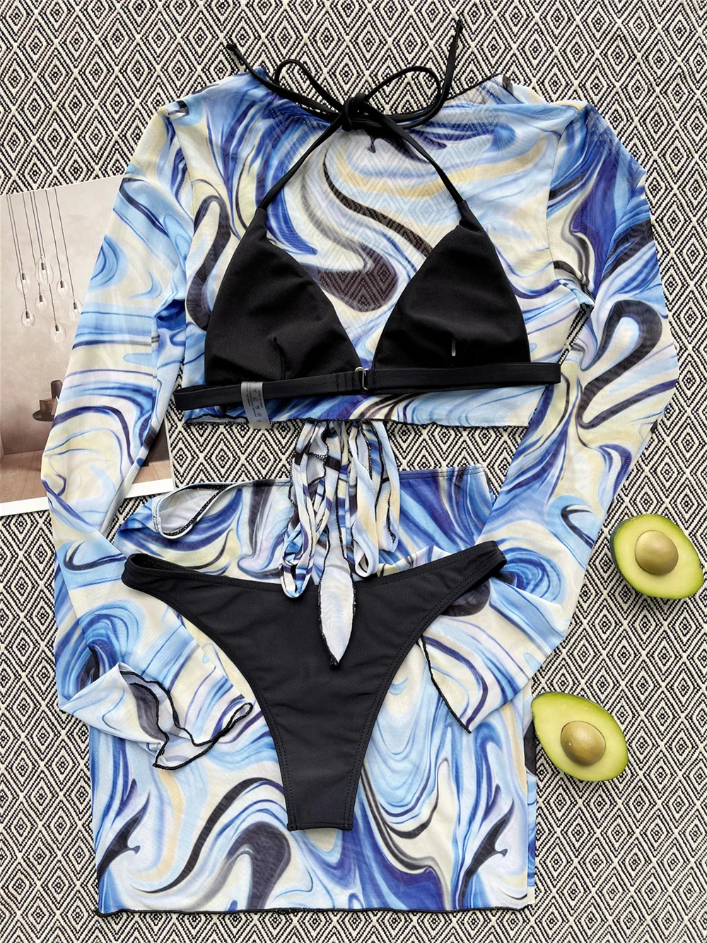 Costume da bagno con fasciatura a maniche lunghe Copricostumi da spiaggia Micro stringhe Push Up Gonna bikini Costumi da bagno Donna 4 pezzi Abiti da vacanza Set sexy