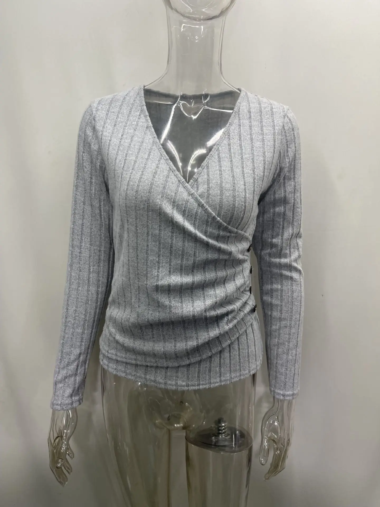 Nieuwe mode sexy lange mouw V-hals gebreid effen kleur slim fit T-shirt voor dames, 7 kleuren