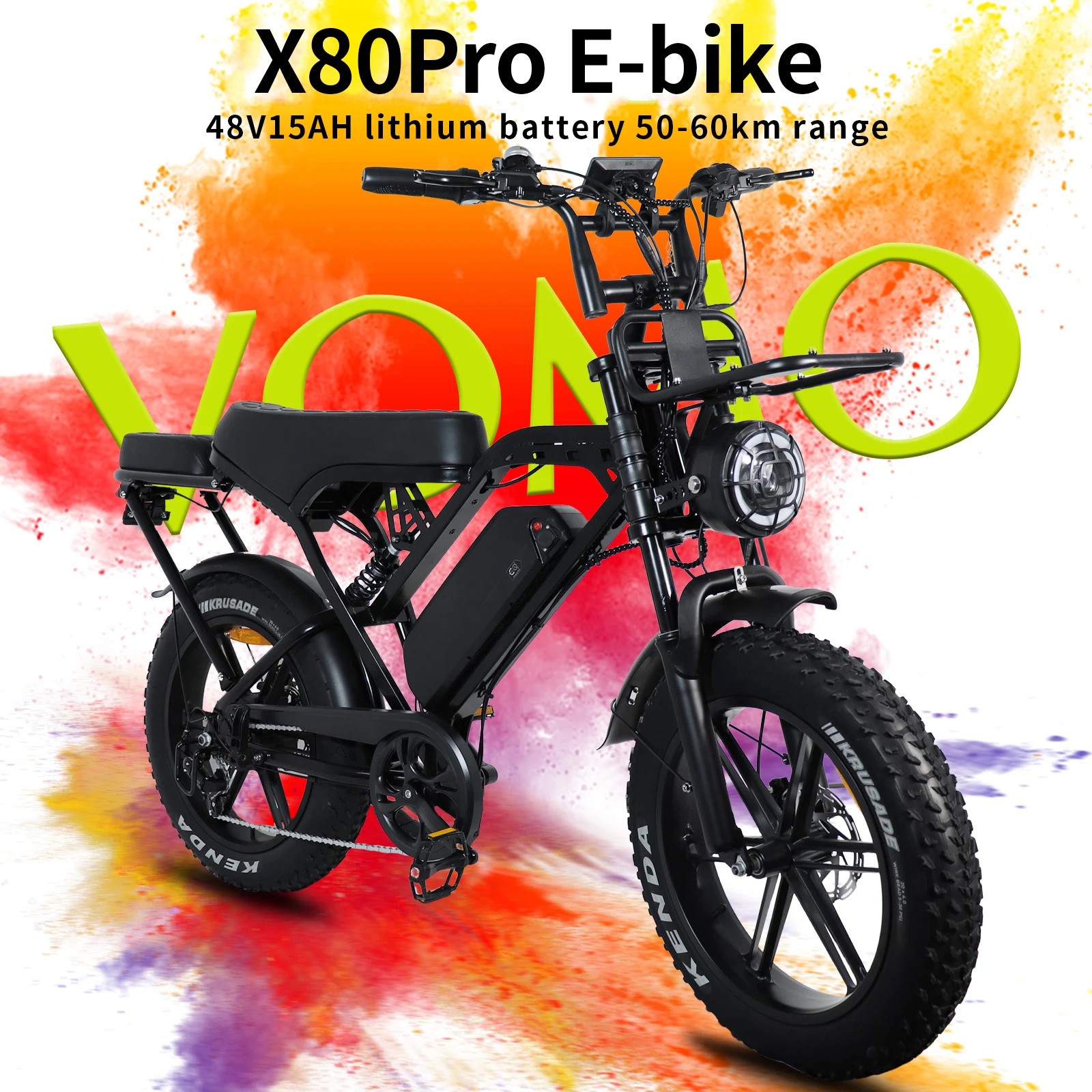 

X80 Pro E-bike: 1000W Motor, 48V 15Ah Battery, 28 MPH Top Speed, 50–60 km Range, 20-inch Fat Tires, Dual Hydraulic Brakes