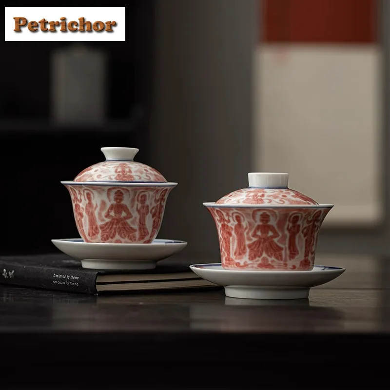 

Dunhuang Wood-fired Porcelain Rubbing Gaiwan Boutique Tea Tureen Tea Bowl With Lid Kit Tea Maker Cover Bowl Tea Items Craft Gift