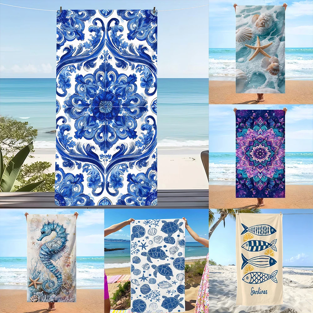 1PC #1 Blue Porcelain Beach Towel , Suitable for swimming pools, camping, yoga, essential accessories for travel.