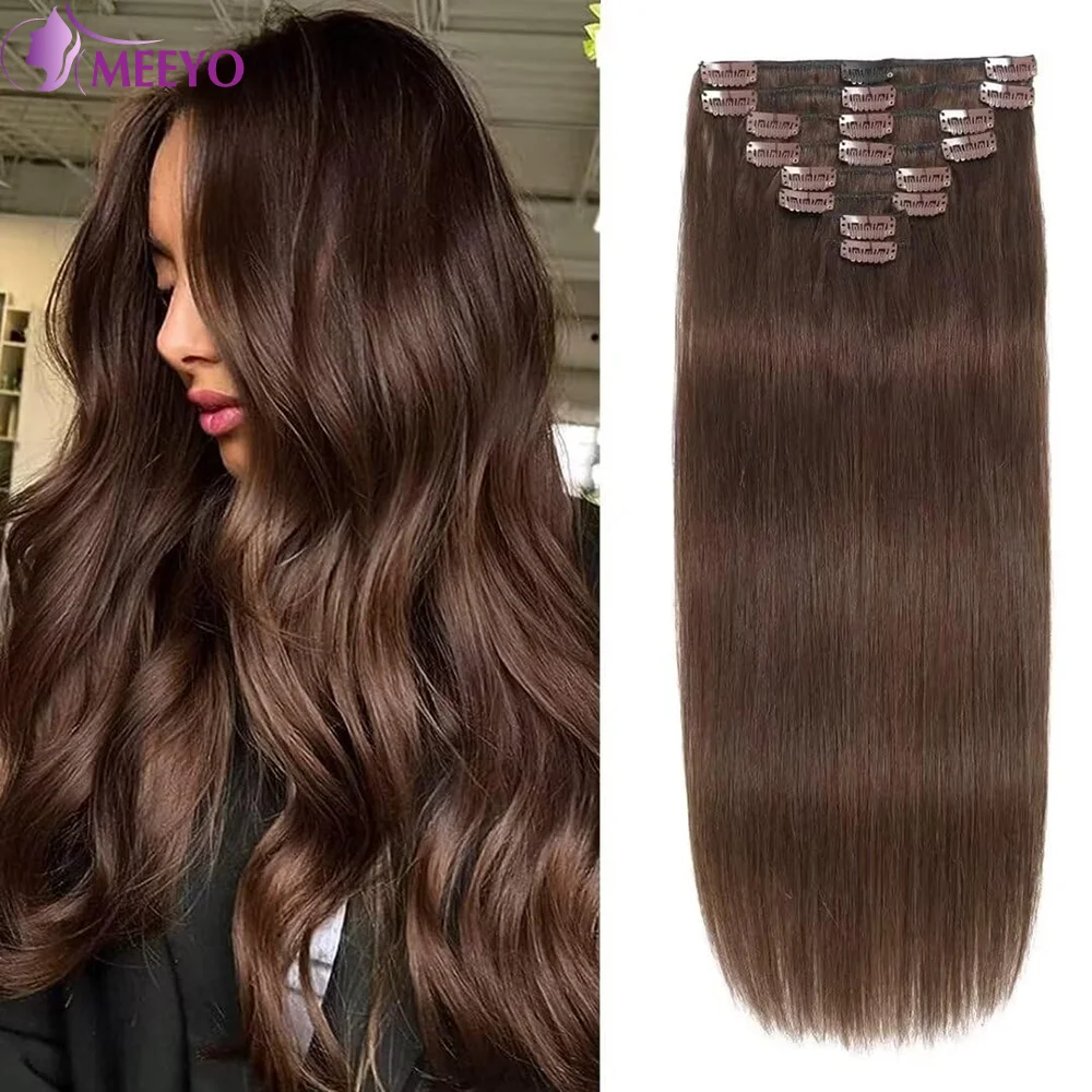 

Straight Clip in Hair Extensions Human Hair Seamless Full Head 100% Unprocessed Human Hair Extensions Chocolate Brown Color #4