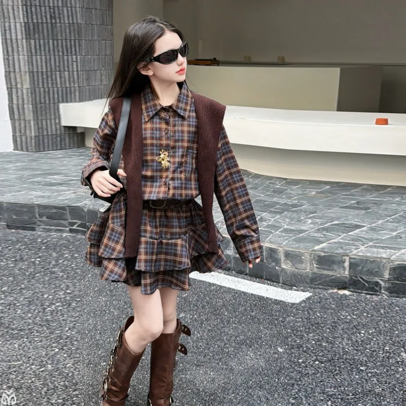 

Girls' Retro Plaid Shirt Dress 2026 New Spring Children's Knitted Shawl Waist and Thin Suit Skirt 5-14T