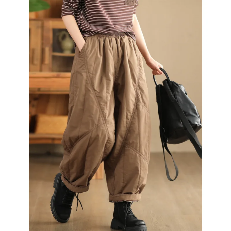 กางเกงฮาเร็มทรงหลวมสไตล์จีน ย้อนยุค แฟชั่นวินเทจ เอวยางยืด ตัดต่อผ้า รุ่นใหม่สำหรับผู้หญิง ฤดูใบไม้ร่วง ปี 2025 ZEMOREXMZ