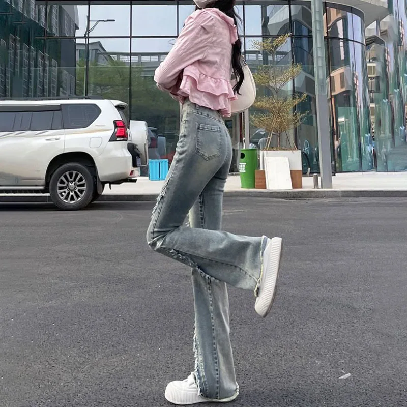 Vintage Micro-Denim Trousers Women's Clothing Spring Autumn 2025 New Fashion Burr Horseshoes High Waist Floor Trumpet Pants