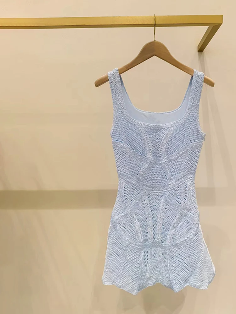 

Summer Slim Fit Knitted Hollow out Embroidery Elastic U Neck Sleeveless Women's Dress Casual Style Polyester Fiber Dress