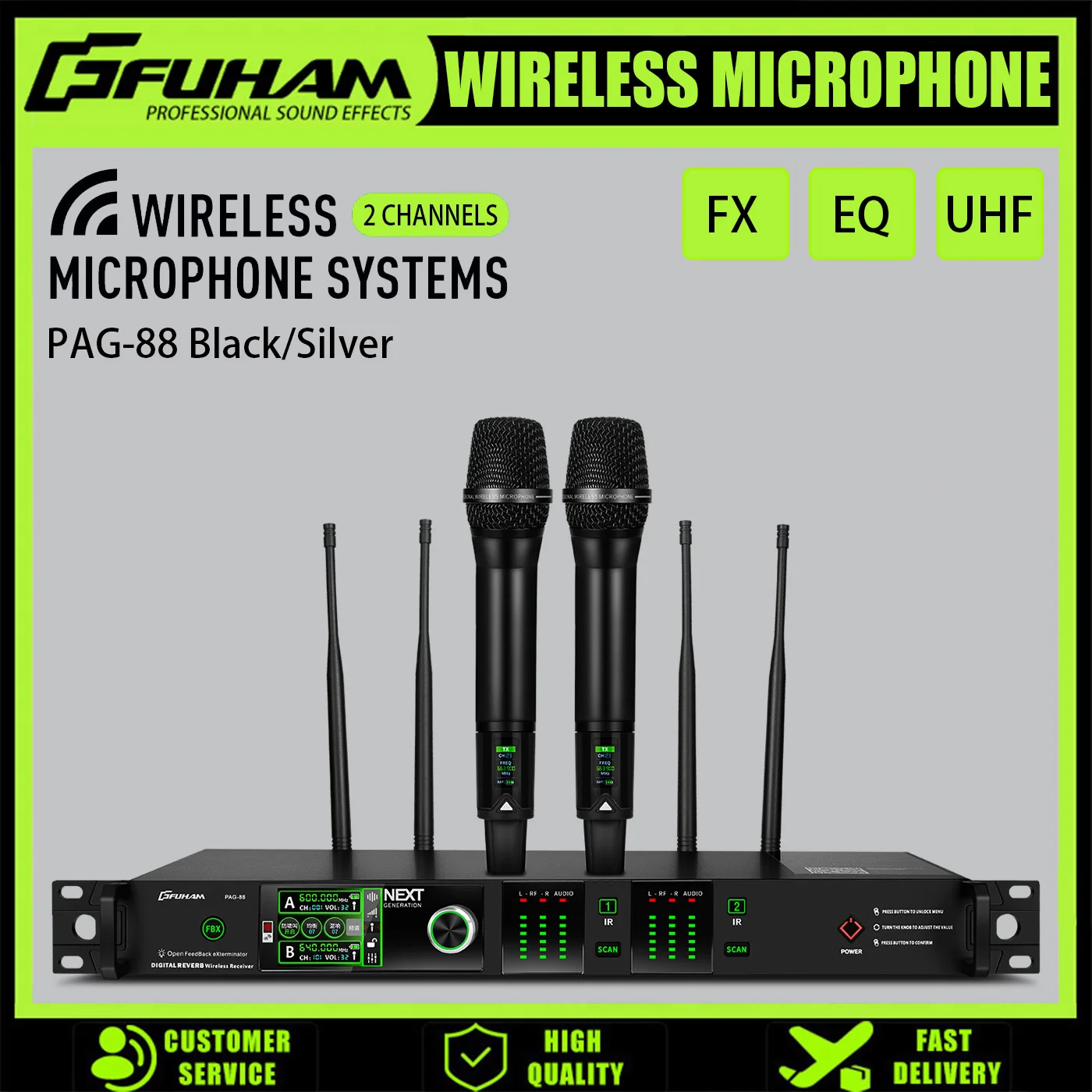 FUHAM PAG-88 Wireless Microphone System, UHF 2 Channels, Handheld Microphone, Suitable for Weddings and Karaoke
