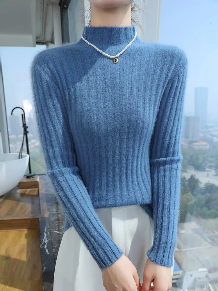 ANGEL Sweater pullover ramping kerah setengah-tinggi wanita 100% baju rajut kasmir Mink musim gugur musim dingin Atasan pakaian bergaris baru