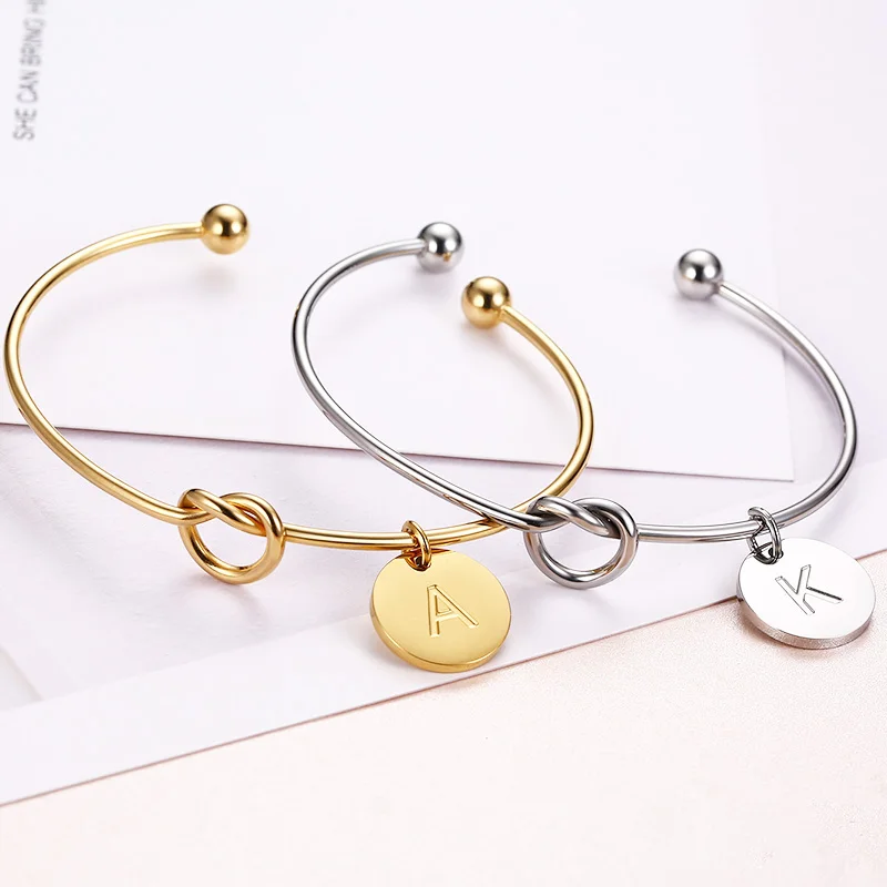 Trendy Initial Coin Charm Bangle for Women Men Lover Wife Stainless Steel Letter Cuff Bracelet Couple Jewelry Dropshipping