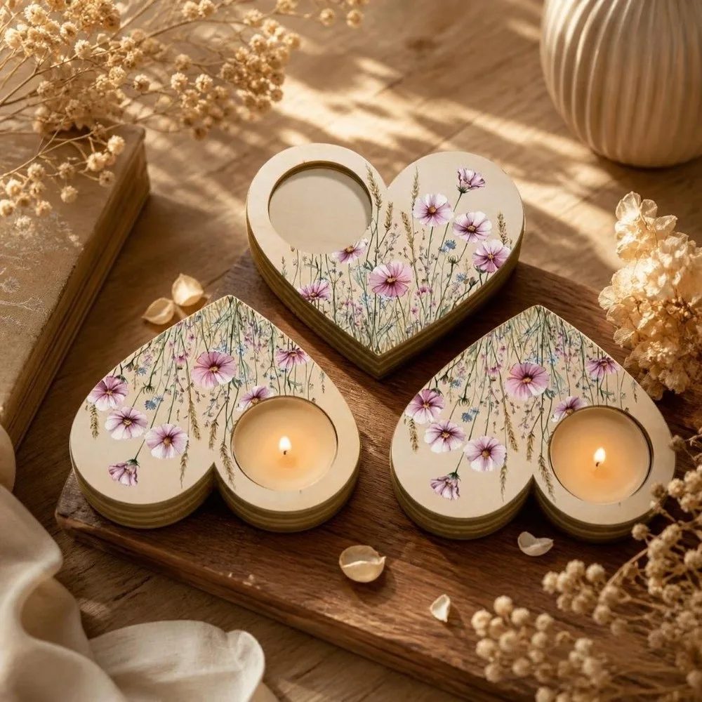 Floral Pattern Heart Shaped Candle Holder Ornament Butterfly Wooden Candle Holder Sweet Candlestick Desktop Decoration