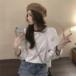 Temperament Lacing Loose Blouse Spring New O Neck Long Sleeve Loose Solid Korean Youth Shirt Tops Fashion Casual Women Clothing