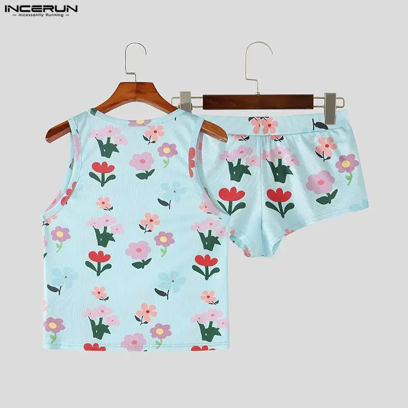 INCERUN Men's Sets Flower Printing Summer Homewear Sleeveless Tank Tops Shorts Two Piece Sets 2026 Casual Unisex Matching Sets - view 6