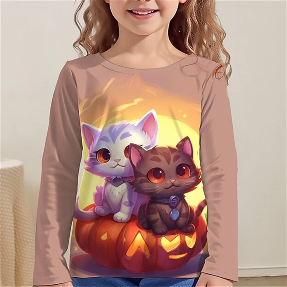 Children's Clothing Girl T-Shirt Long Sleeve Cartoon Cat Print Kids Spring Fall Clothes Festive Party Round Neck Boy Clothes Top