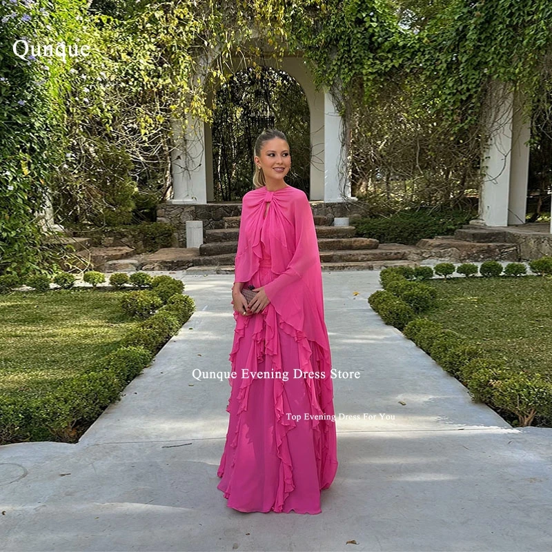 Qunque Elegant Fuchsia Evening Dresses For Women Party Dresses Ruffles Floor Length Dress Female New Prom Dresses Customized