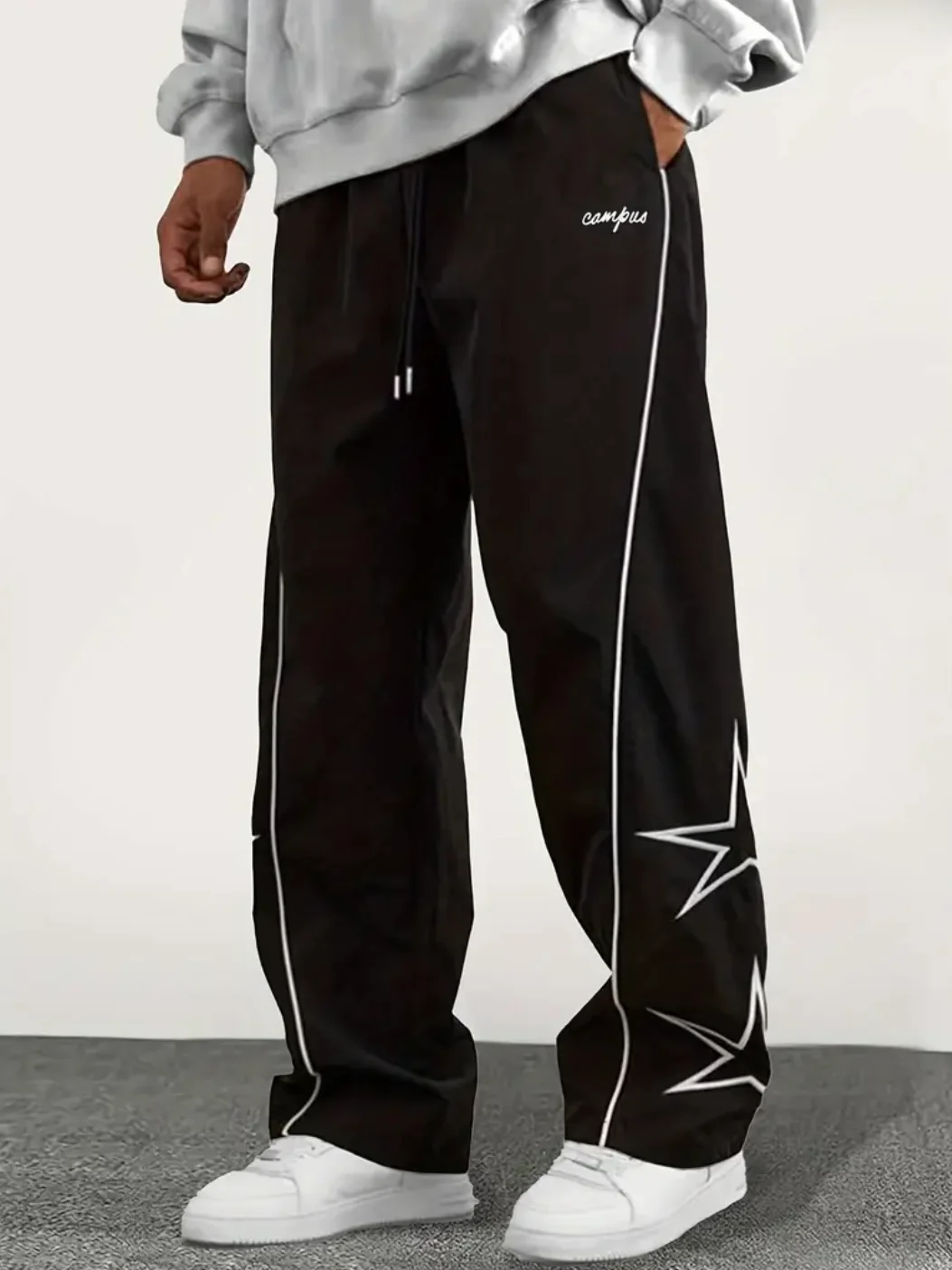 

Men'S Casual Loose Fit Red Pants with White Embroidered Design - Drawstring Waist, Casual Style, Comfortable for Weekend Wear, C