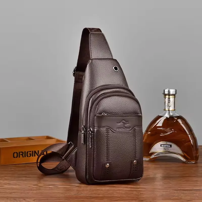 Kangaroo Luxury Brand Man Chest Bag Leather Crossbody Bag For Men Travel Sling Bag Black Brown Messenger Shoulder Bag Male
