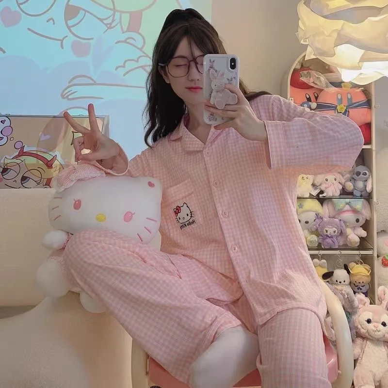 

Комплект пижамы Sanrio Hello Kitty с героями мультфильмов, хлопковый, для женщин и студенток, для дома и улицы, милый японский клетчатый комплект с длинными рукавами и брюками, весна-осень