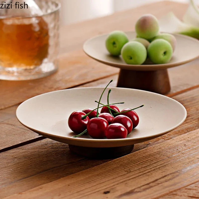 

High Footed Ceramic Fruit Plate Pastry Dessert Plate Bread Plate Salad Plates Wooden Bottom Storage Tray Home Retro Jewelry Tray