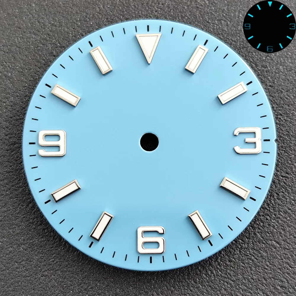 قرص رقمي 28.5 ملم مناسب لحركة NH35 Miyota8215ET2824 أزرق وأخضر مضيء NH35 قطع غيار ساعة المؤشر