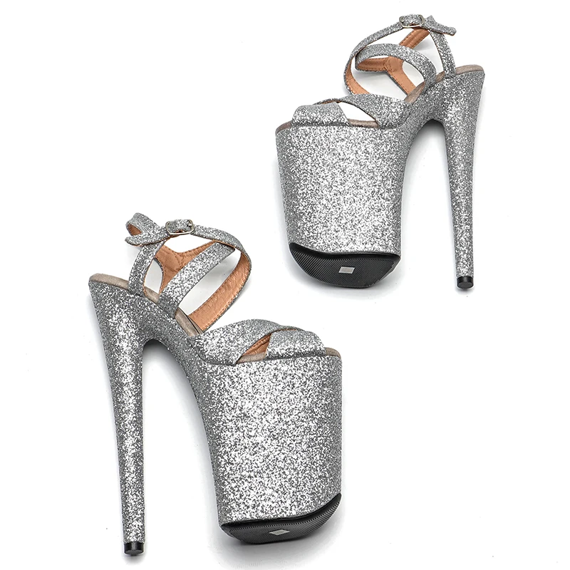 Leecabe 23CM / 9inches  Silver Glitter  fashion  Platform High Heels Sandals Pole Dance shoes