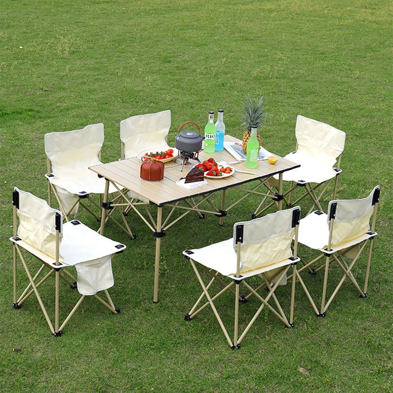 Foldable Portable Outdoor Picnic Table, 6 Chairs and 1 Table Set, Beach Barbecue, Self-Driving, 7 Piece Set