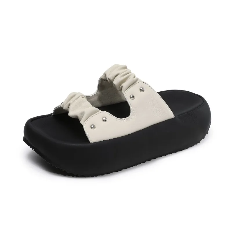 Chunky Platform Slippers Women Summer Slip On Open Toe Genuine Leather Thick Sole Wedges Heel Casual Sandals Slippers