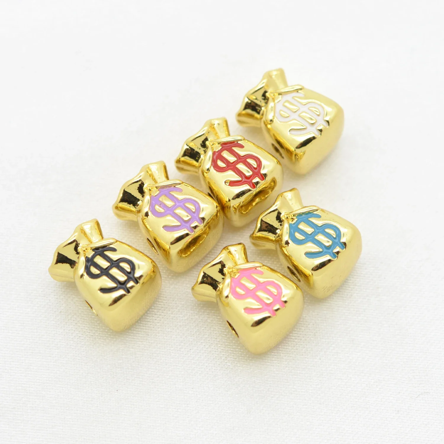 5 Pcs Purse Color Enamel Brass Beads Gold Color DIY Bracelet Chain Component Accessories Dollar Sign Spacer Beads Supplies