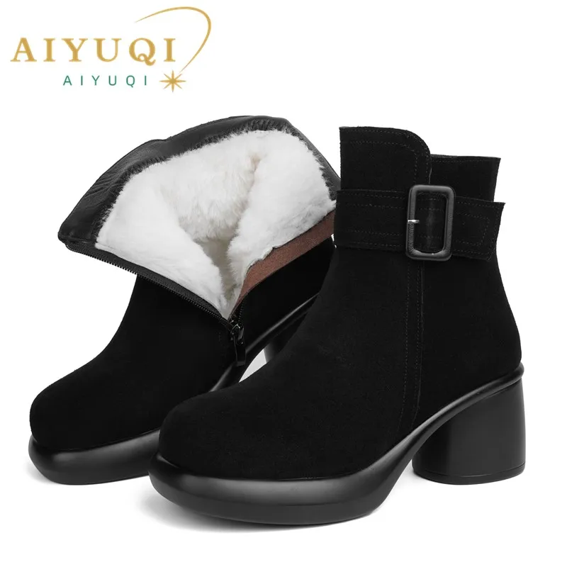 

AIYUQI Snow Boots Women 2024 Genuine Leather Women Ankle Boots High Heel Fashion Non-slip Natural Wool Women Winter Boots