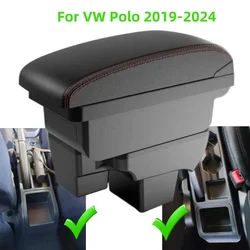 Car Armrest Box for VW Volkswagen Polo 2019 -2024 Dual Layer Large Space Central Store Box Usb Led 2020 2021 2022 2023