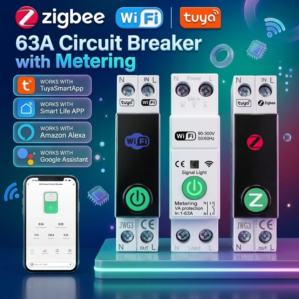 Tuya WiFi/Zigbee Circuit Breaker Timer Power Energy kWh Voltage Current Meter Protector 1P+N 63A MCB For Alexa Google Smart Life
