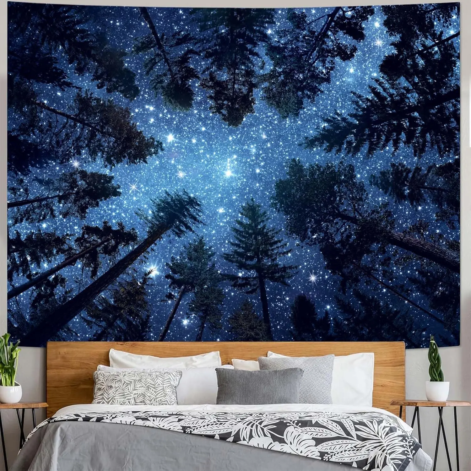Forest Galaxy Tapestry for Bedroom Ceiling,Blue Night Starry Sky Moon Stars Tapestry,Tree Forest Milky Way Backdrop Wall Hanging