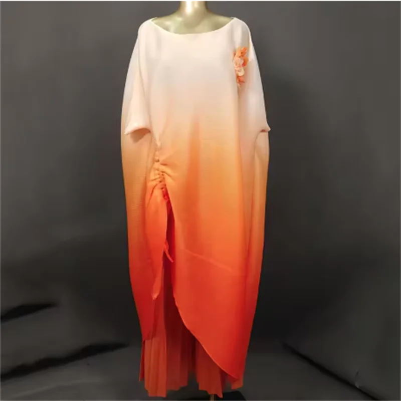 Miyake Pleated Design Women 2 Piece Set Gradient Drawstring 3D Floral Spliced Long Dress Fashion 2025 Autumn New Clothing