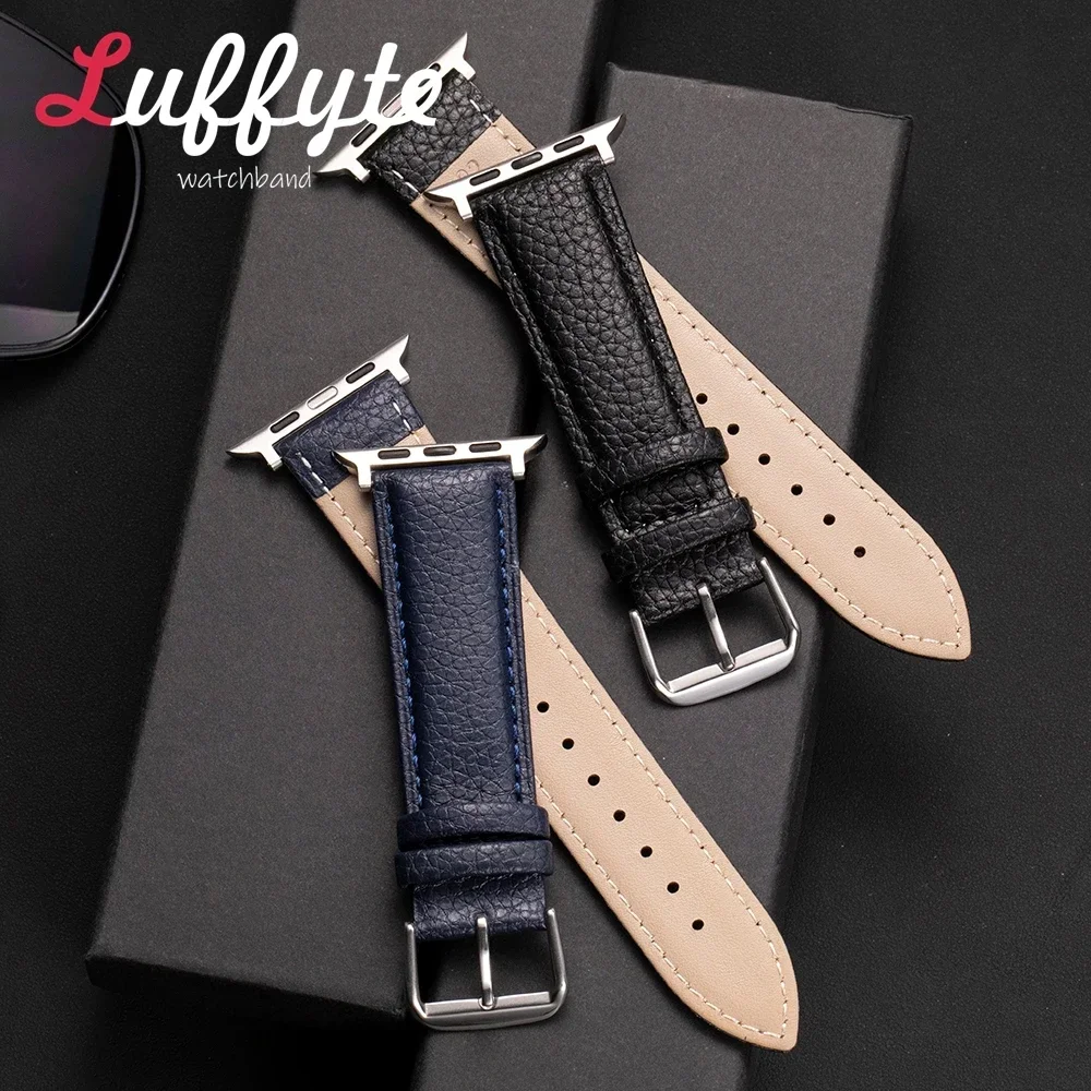 Lichee Pattern Leather Watch Straps for Apple Watch Band 49 46 45 44 42 41 40 38mm Bracelet for IWatch Series 1-10 SE Ultra 2