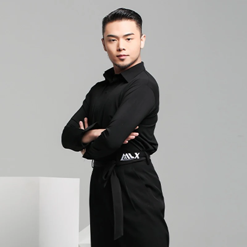 Camisa de baile de salón estándar para hombres, traje de actuación, ropa de escenario de Tango Rumba, Tops de práctica de manga larga, Top de baile latino 2003