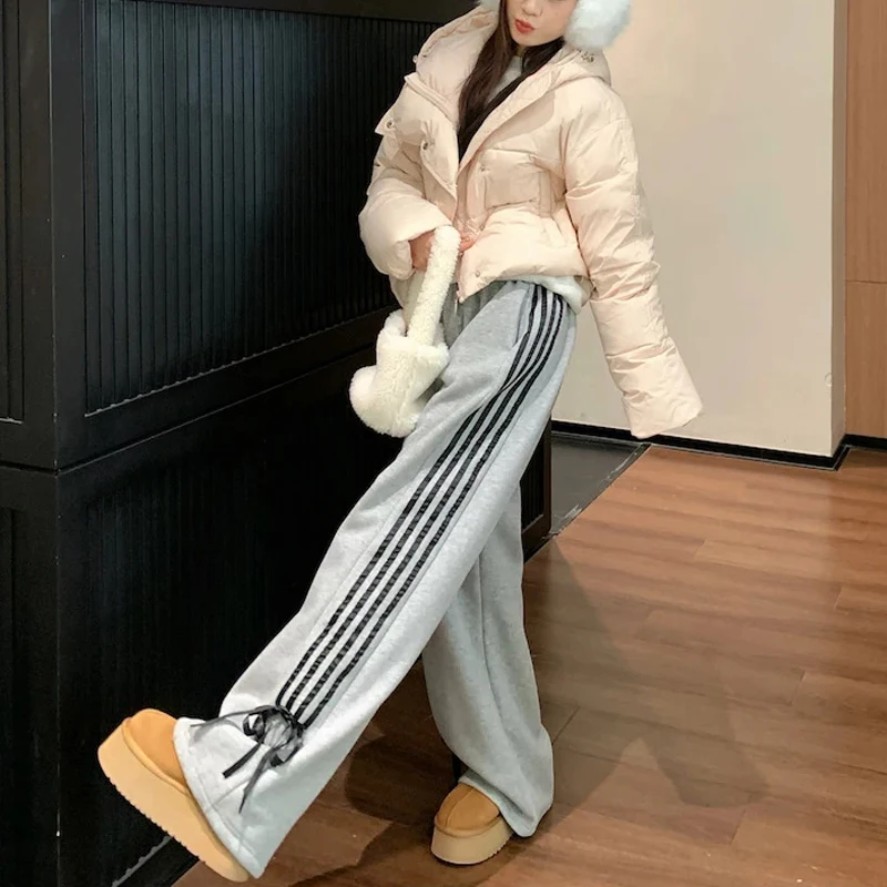 

Womens Stripe Wide Leg Pants 2024 Summer Autumn Lace Up Bow Y2k Casual High Waist Female Trouser Sweatpants