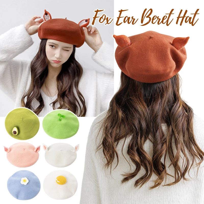 

Women Vintage Painter Hat Cute Elk Bear Fox Ears Wool Felt Cap Creative Autumn Winter Costume Cartoon Funny Beret Hat