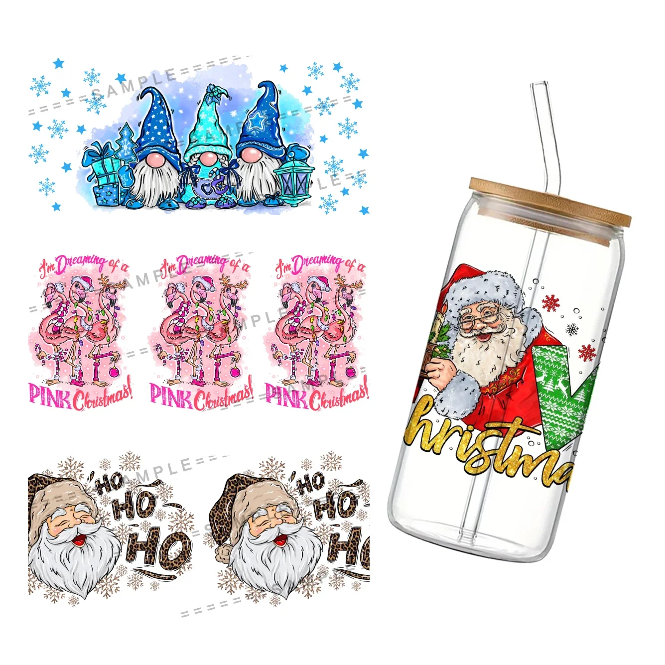 Santa Claus 16oz DTF Sticker Cups Cool Christmas UV Wrap Transfer Sticker Label DIY Logo Self Adhesive Waterproof Custom