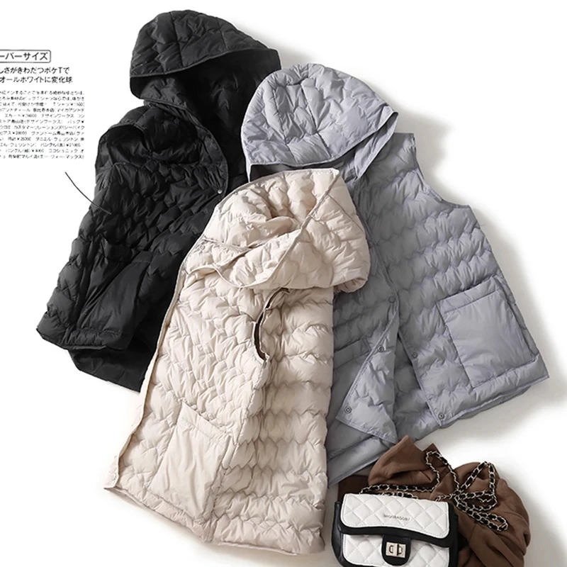 Thin Light Soft Padded Cotton Sleeveless Autumn Winter Down Vest Coats Hooded Pockets Fashion Women Spring Outwear Coats Vests