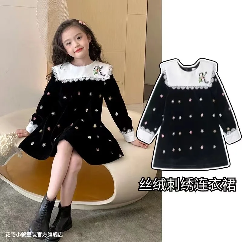 Girls Dress Velvet Black And White 2024 New Embroidered Autumn Long Sleeved Dress With Children\'s Autumn And Winter Doll Collar