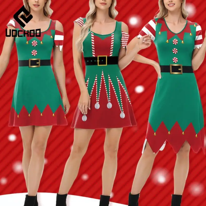 

Christmas Elf Costumes Women Short Sleeve Dress Red Green 3D Printed Carnival Santa Cosplay Colthes Fancy Dress Xmas Gift